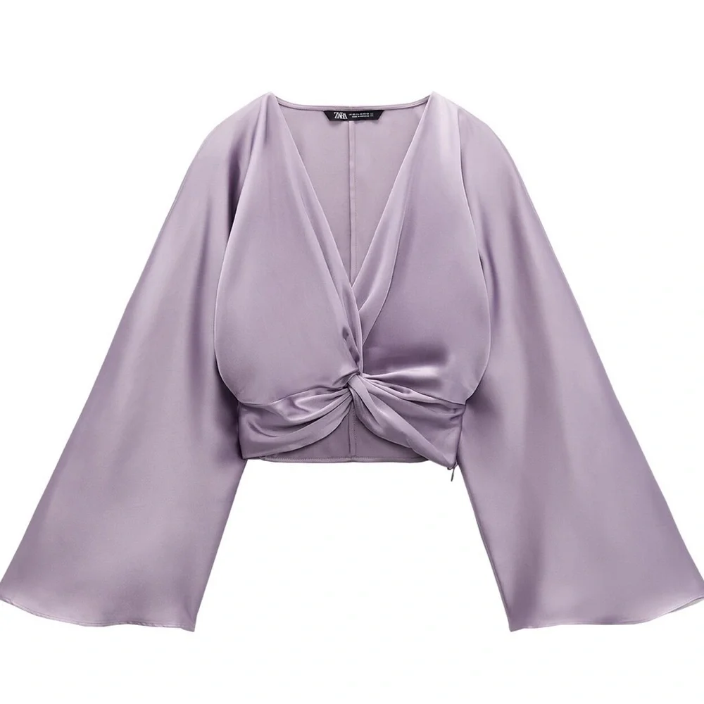 Zara Lavender Satin Knot-Front Crop Top - Picture 1 of 5